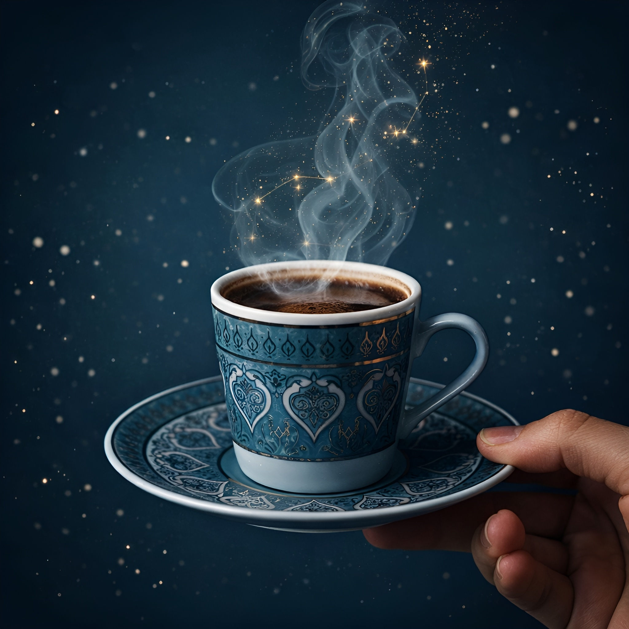 Tasse de café bleu pétrole avec symboles mystiques et constellations - FalNow voyance premium